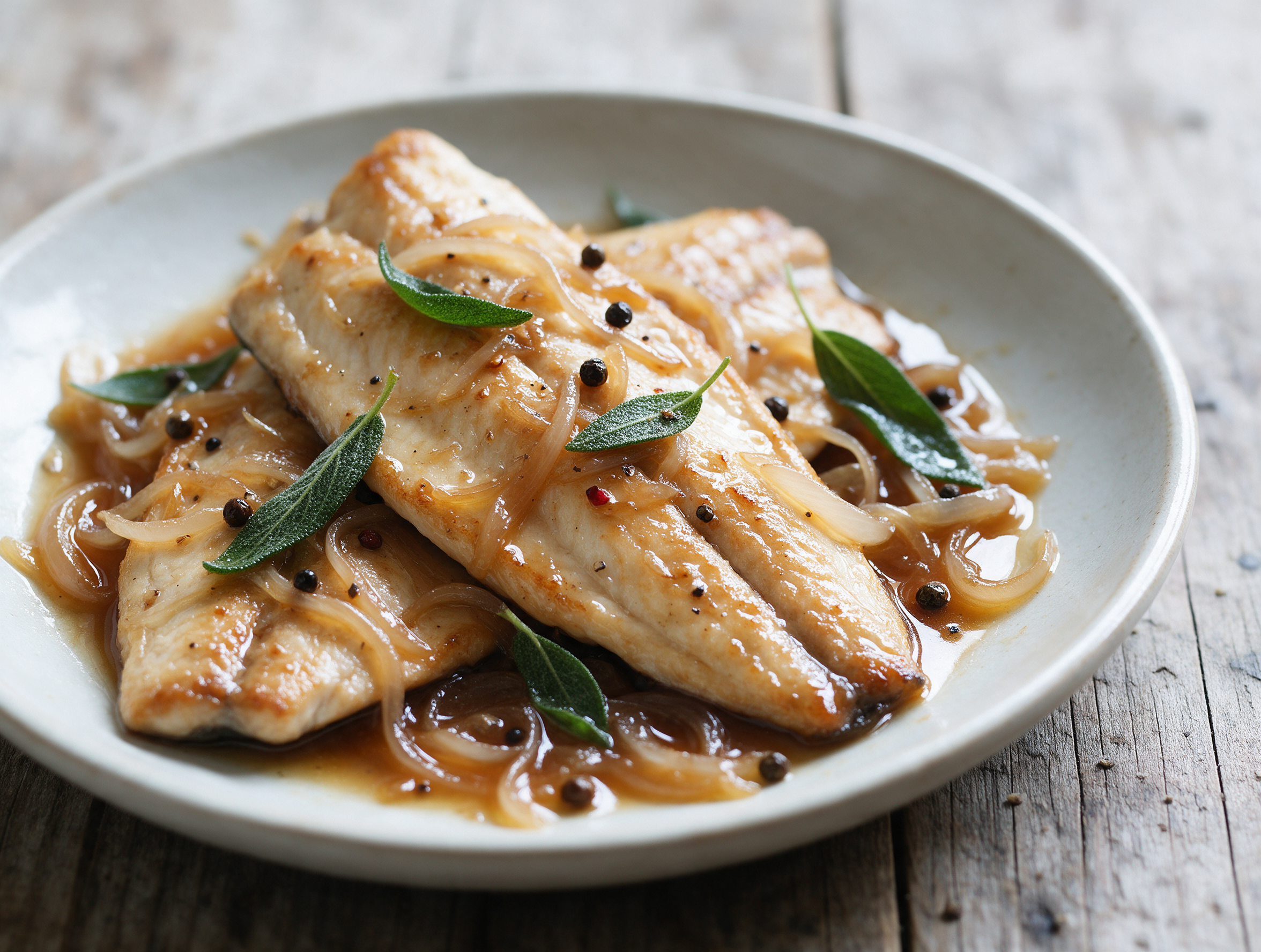 Pan-fried trout fillets submerged in amber vinegar marinade with soft onion strands and sage in a ceramic dish