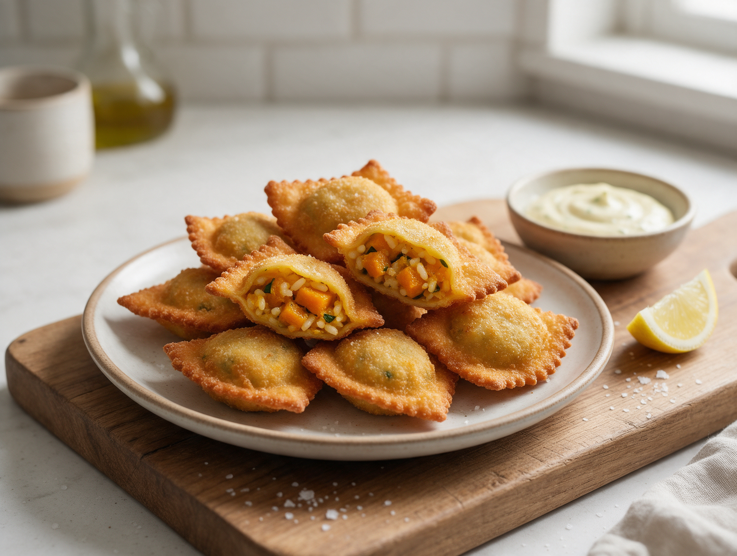 Golden fried barbagiuai piled on a wooden board with a lemon wedge and small bowl of aioli, steam rising.