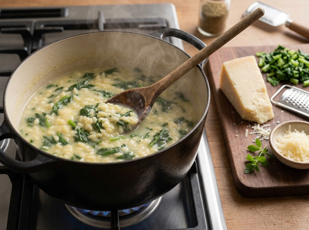 Wooden spoon stirring rice and blanched turnip greens into simmering broth in a rustic pot on the stove.