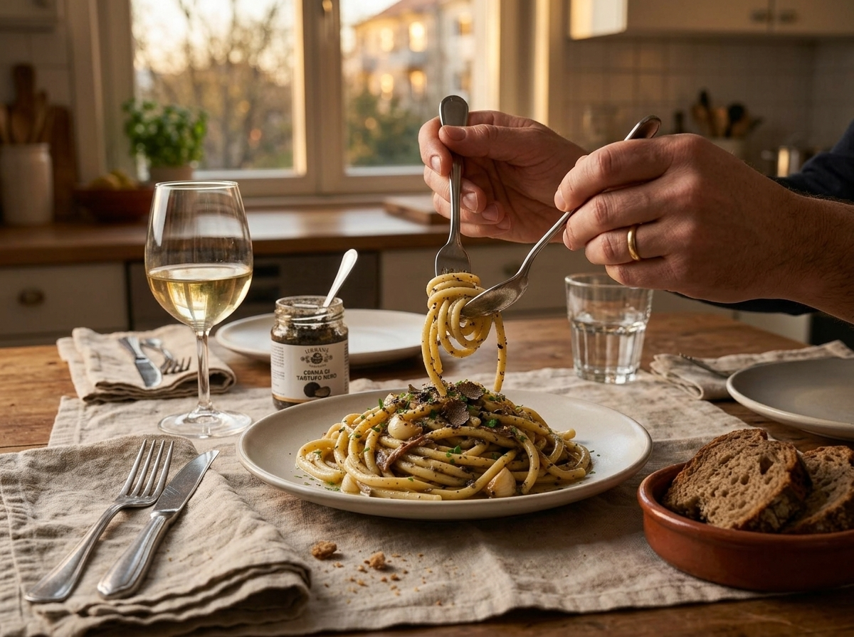 Hands twirling truffle pasta with a fork at a set table, linen napkin and glass of white wine beside the plate.