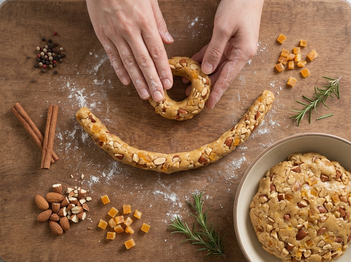 Hands shaping a dense almond dough rope into a ring on a floured wooden board before baking.