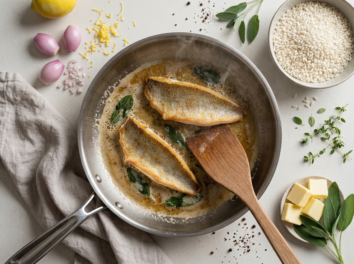 Perch fillets frying in browned butter and crisp sage in a stainless skillet, edges turning deep golden brown
