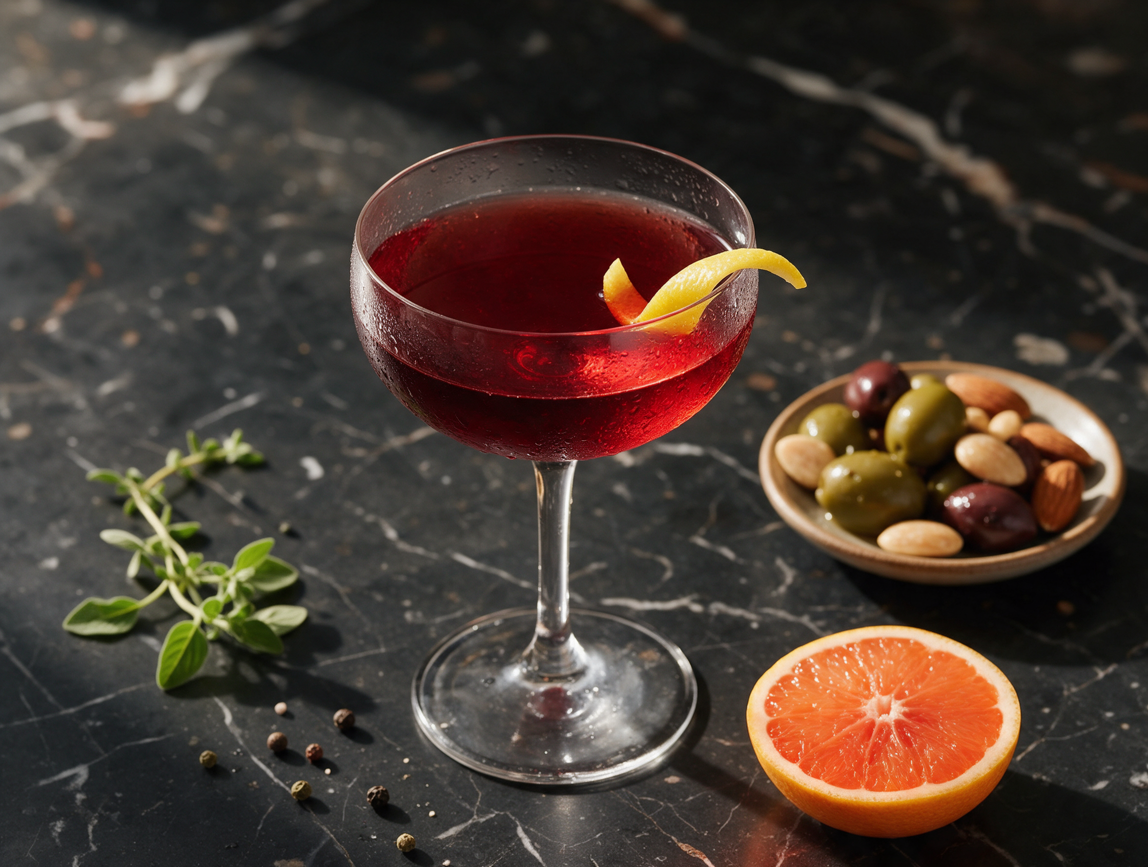 Ruby-red Cardinale cocktail in a chilled coupe glass with a lemon twist, set on dark marble with soft bar lighting.