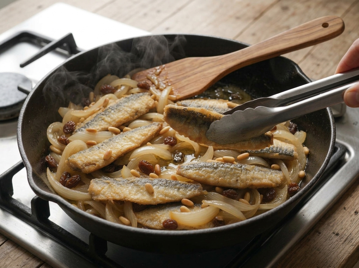 Sardines frying in a skillet, golden crust forming as oil bubbles around each fillet on the stovetop