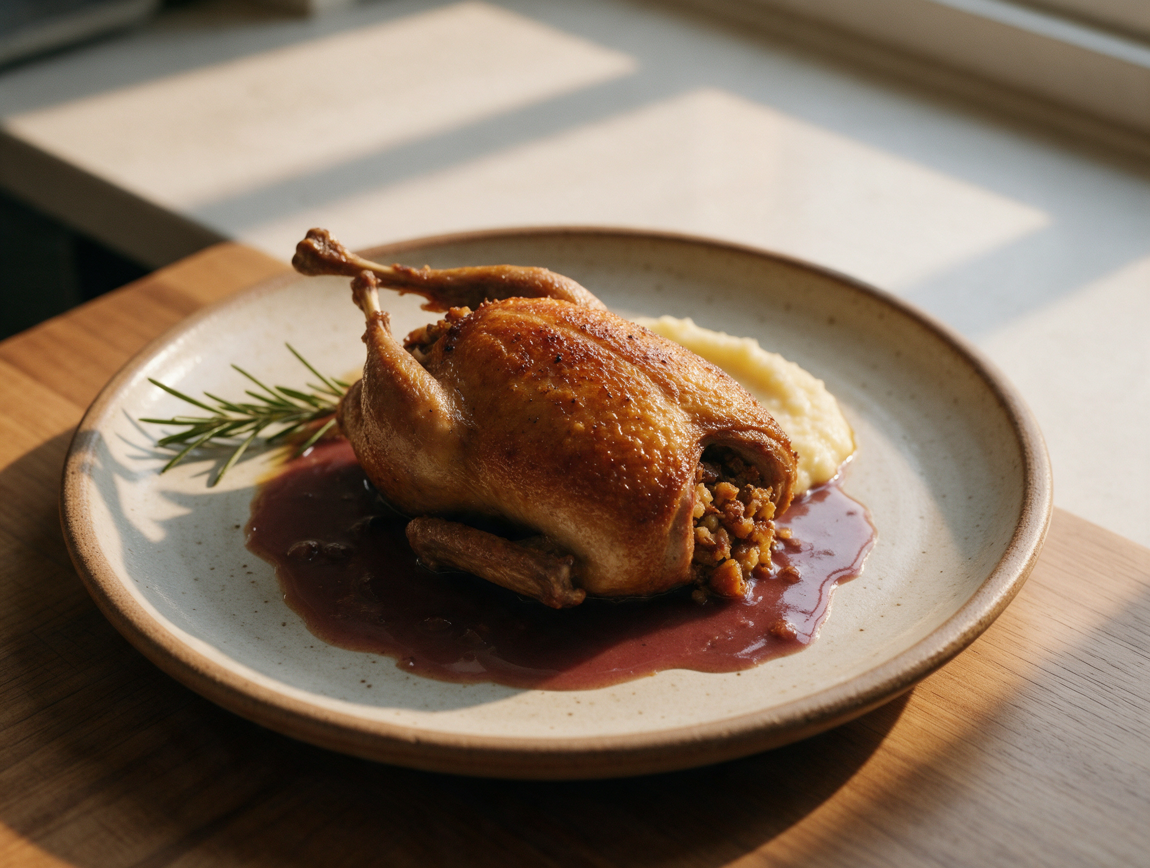 Whole roasted piccione ripieno glazed with Marsala pan sauce on a ceramic plate beside soft polenta and rosemary.