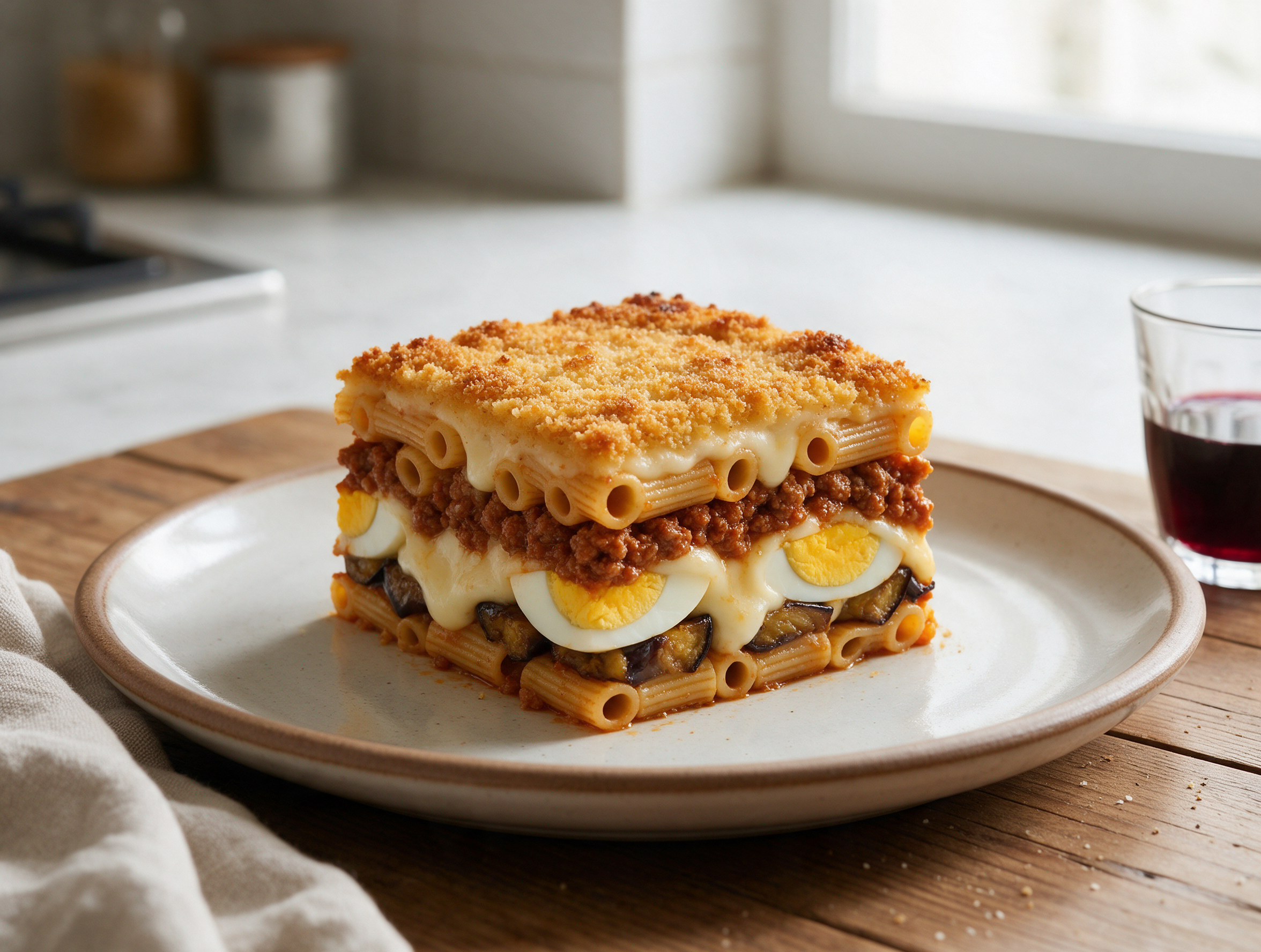 Golden-topped pasta ncasciata slice on a plate showing layered eggplant, egg, and melted caciocavallo cheese.