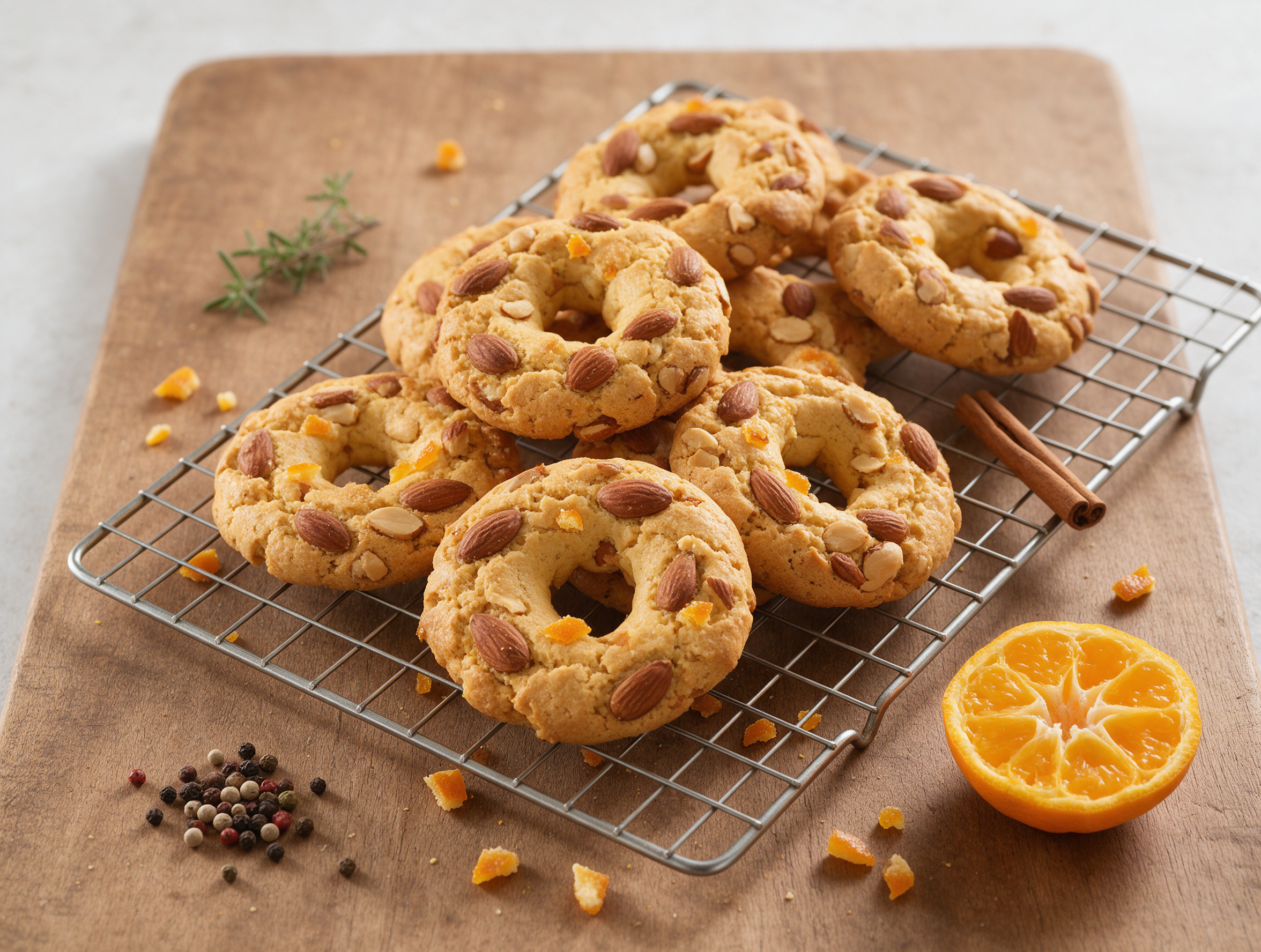 Golden roccocò rings studded with almonds cool on a wire rack beside candied orange peel and a cinnamon stick.