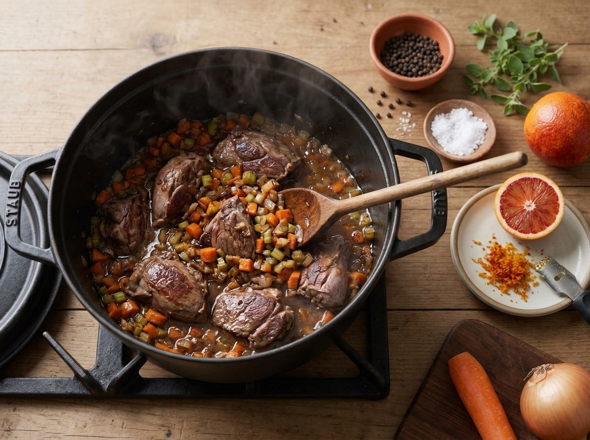 Hare pieces browning in a Dutch oven next to softened carrot, celery and onion, wooden spoon stirring the pot.