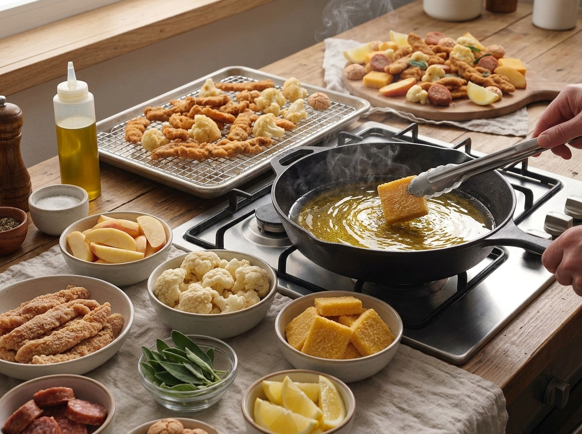 A hand lowers a breaded semolina square into a deep skillet of hot oil, bubbling near golden fried pieces already draining nearby.