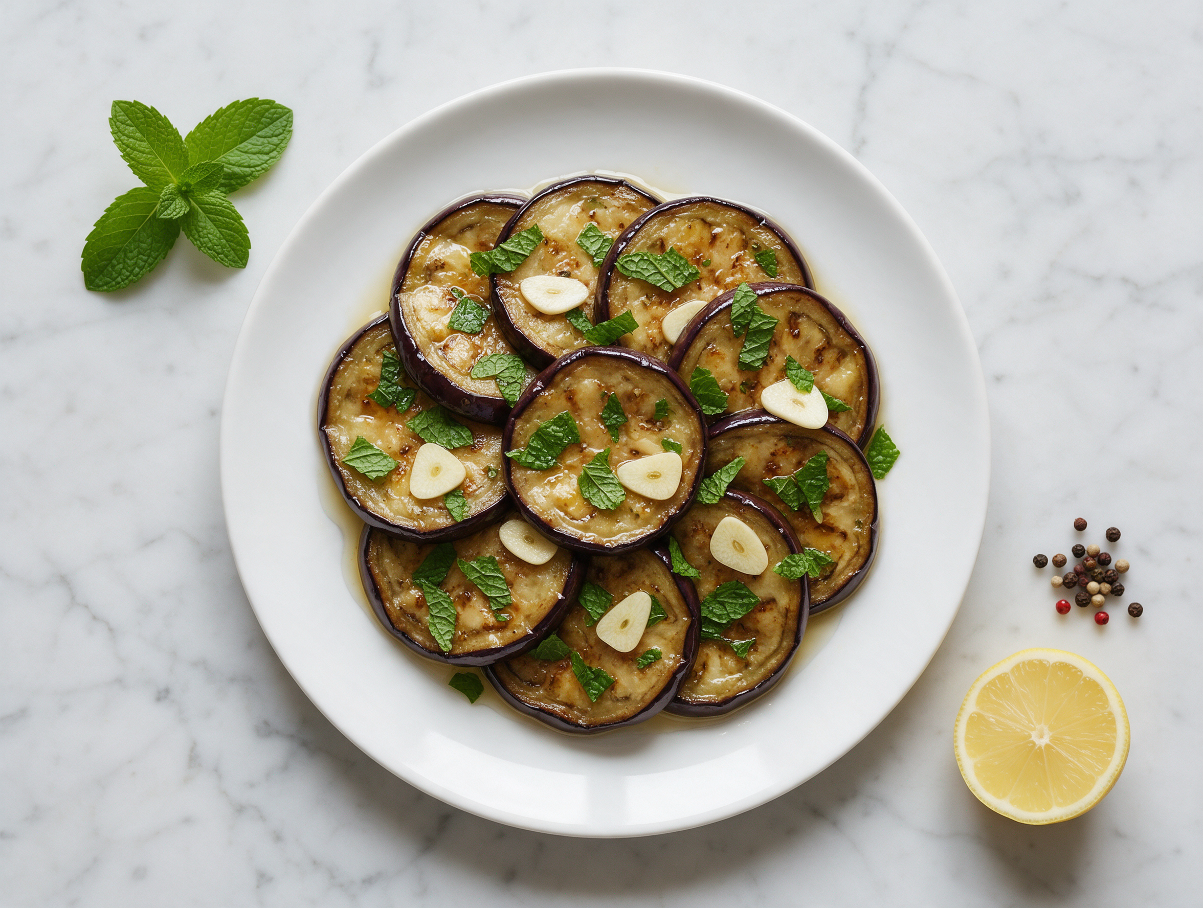 Overhead view of pan-fried eggplant scapece rounds layered with mint and garlic on a white plate with vinegar pooling underneath