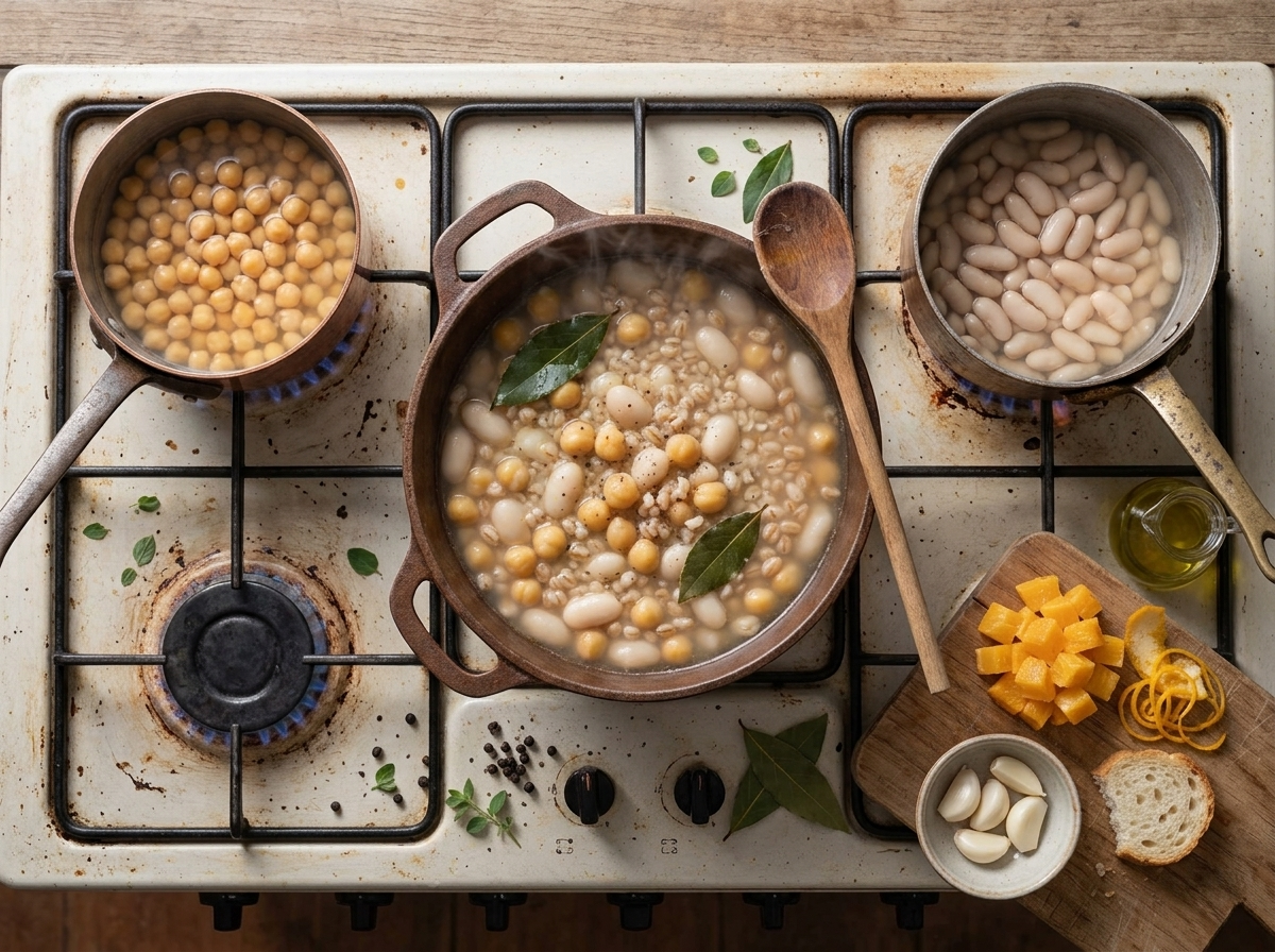 Three saucepans on a stovetop simmering chickpeas, cannellini beans, and spelt separately with steam rising and a wooden spoon resting nearby