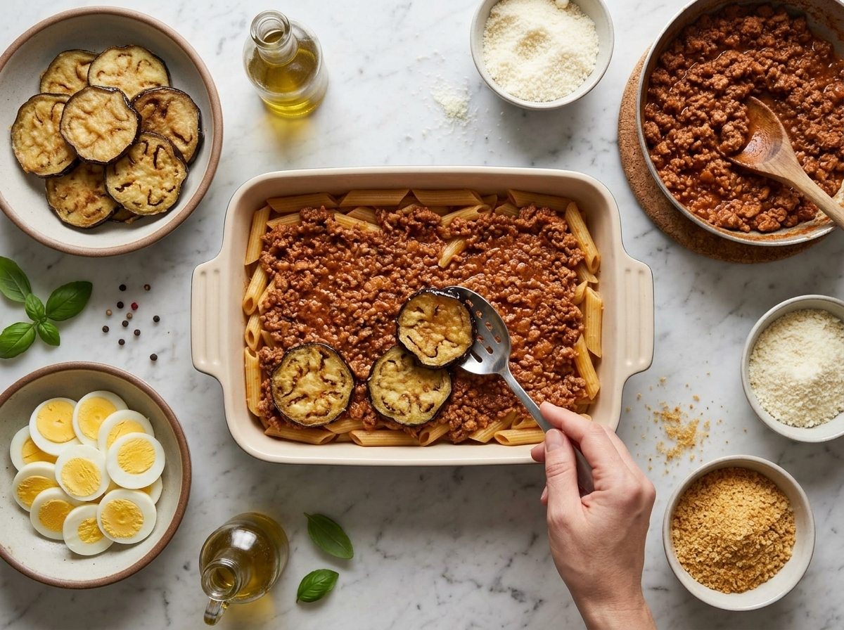 Hands layering fried eggplant slices and meat ragu over pasta in a baking dish before the final bake.