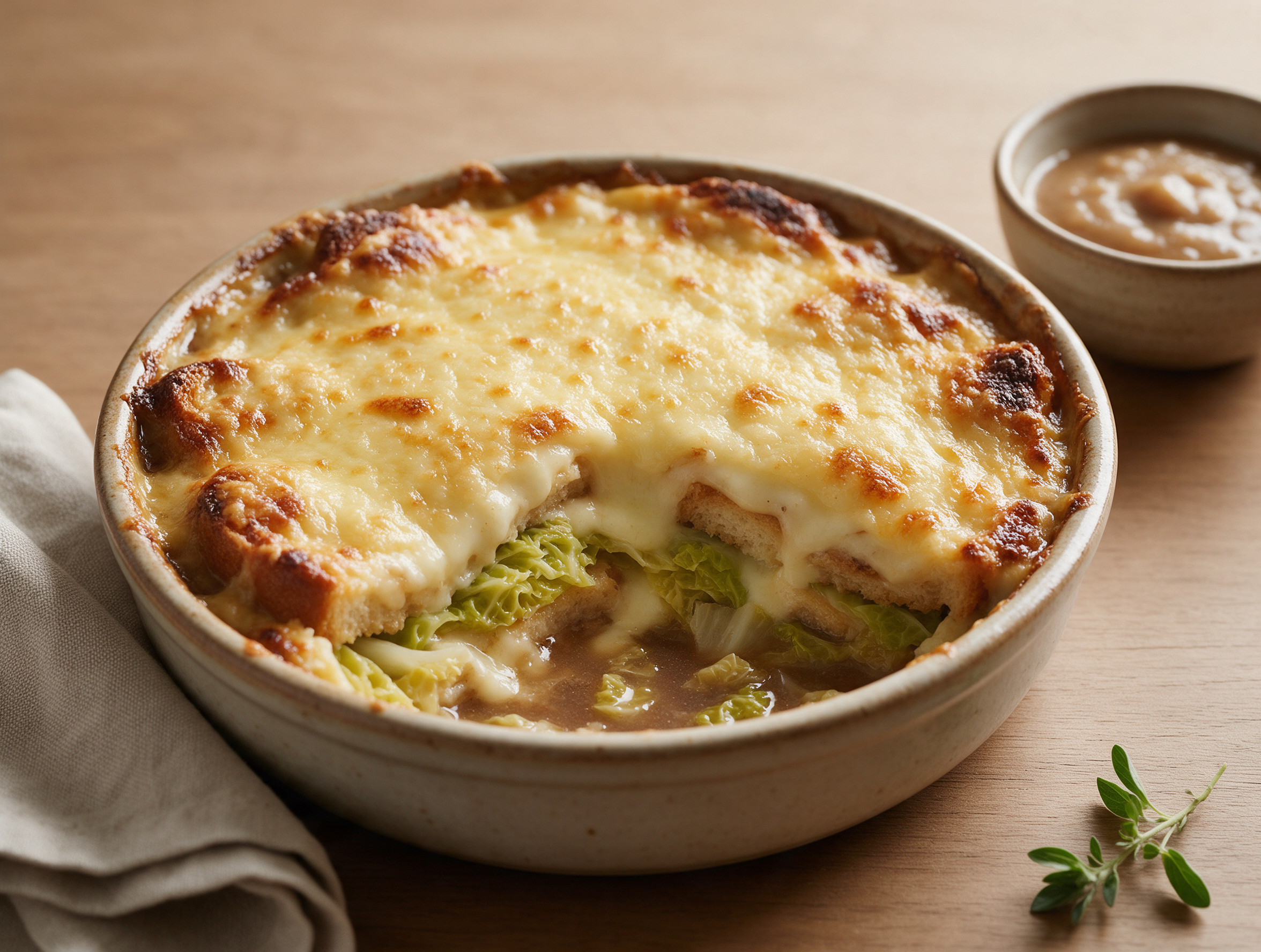 Baked seupa a la vapelenentse in a ceramic dish showing golden fontina crust and layered bread and cabbage at the cut edge