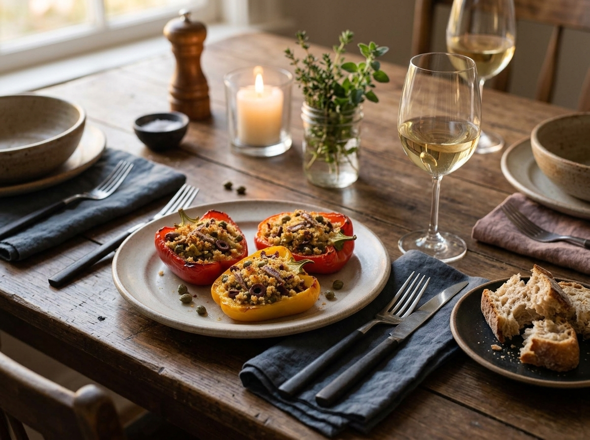 A rustic table set with two stuffed pepper halves on a plate, crusty bread and a glass of white wine nearby.