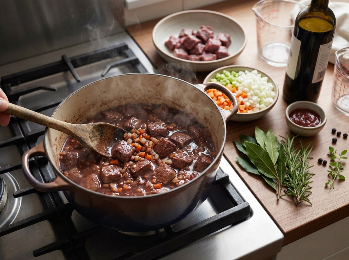 Venison chunks browning in a Dutch oven with pancetta and softened carrots, wooden spoon stirring the sauce.