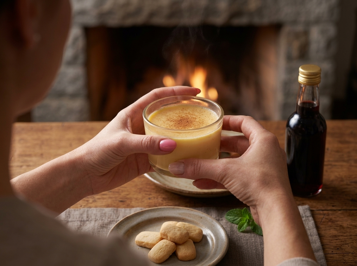 Hands cupping a warm mug of Rüsümada Valtellinese near a stone fireplace with biscotti and a linen napkin nearby.