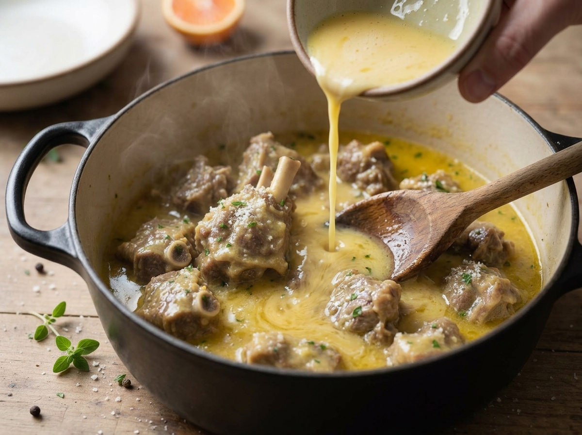 Cook pouring tempered egg and lemon mixture into a Dutch oven of braised lamb, wooden spoon stirring through the glossy sauce