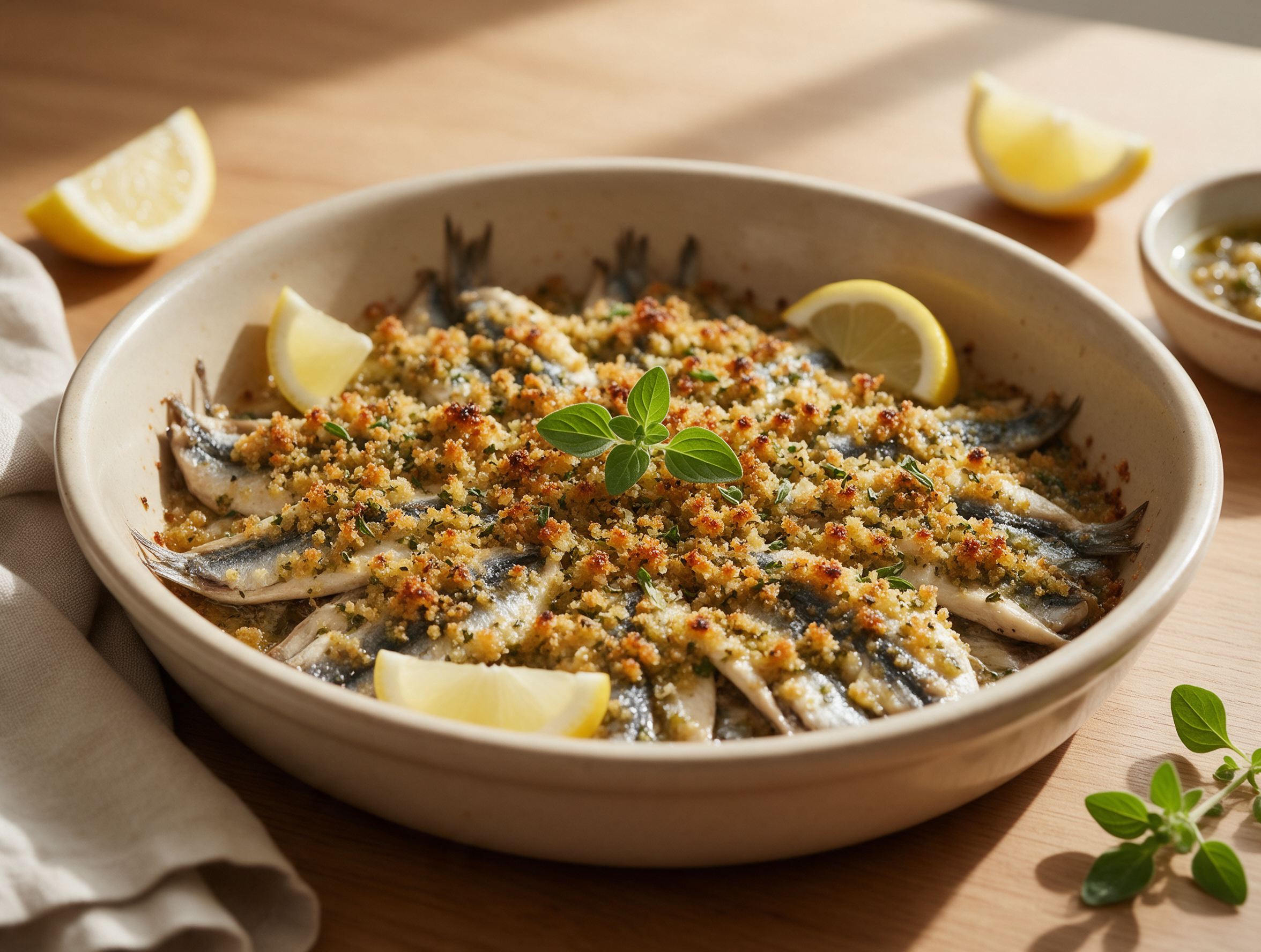 Golden-crumbed alici arreganate in a white ceramic baking dish with lemon wedges and parsley on a wooden table