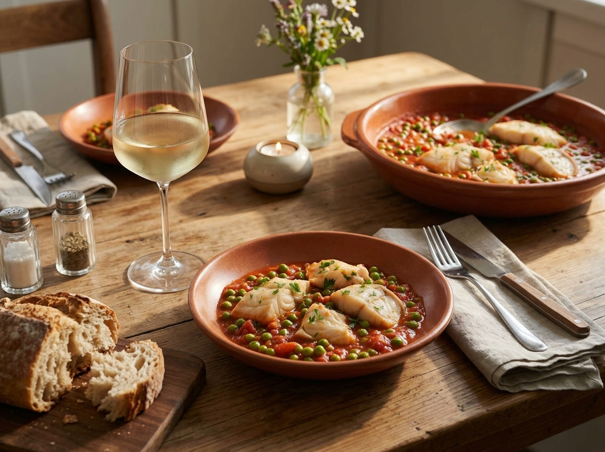 A rustic table set with a bowl of palombo in umido, crusty bread, and a glass of chilled white wine in warm afternoon light