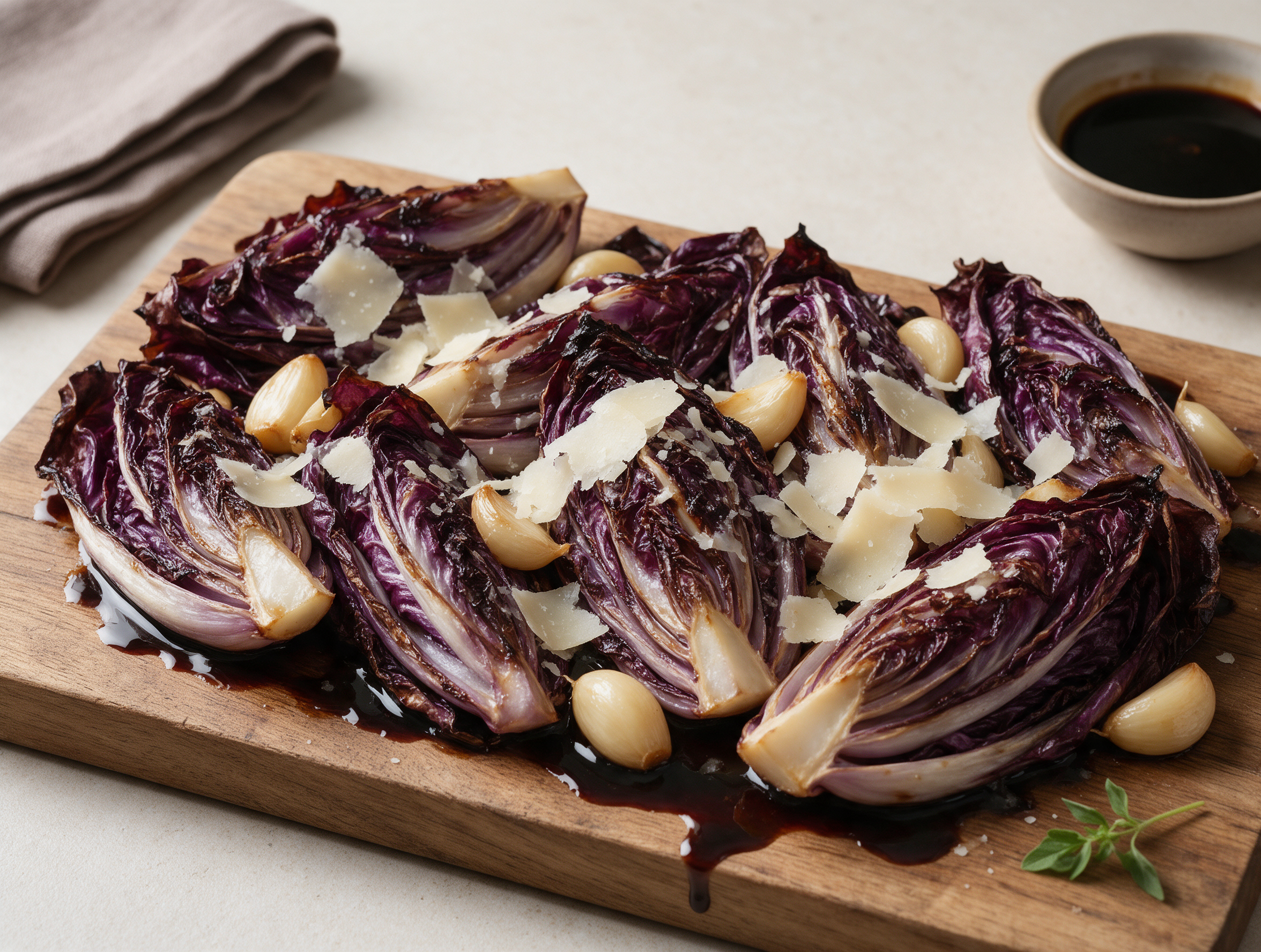Overhead view of charred balsamic radicchio wedges topped with shaved parmesan on a rustic wooden board