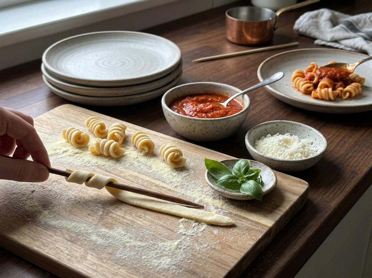 Hands winding a strip of semolina dough around a wooden skewer to shape curled sagne ncannulate on a floured board.