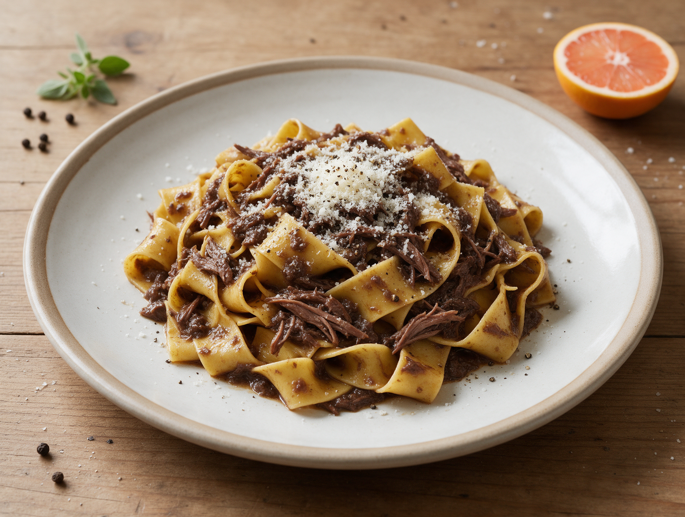 Overhead plate of pappardelle tossed in dark hare ragu with shredded meat, grated Parmigiano and cracked pepper on top.