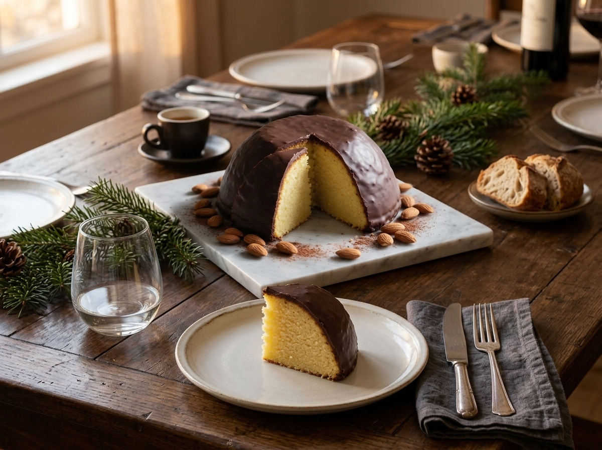 Espresso cup and a plated parrozzo slice on a linen napkin, pine sprigs on a wooden holiday table.