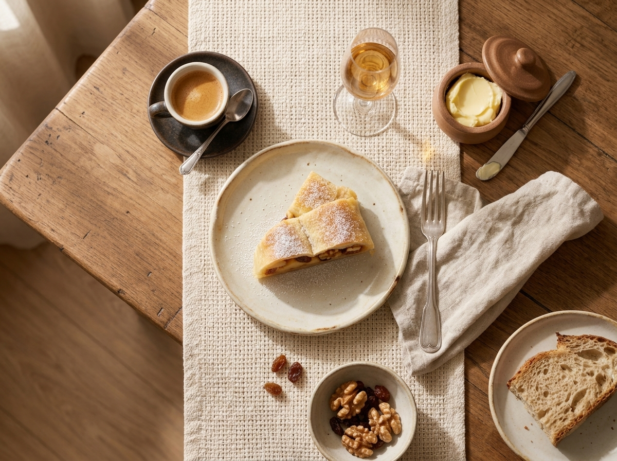 A slice of rocciata umbra on a small plate beside espresso, linen napkin, and warm kitchen window light.