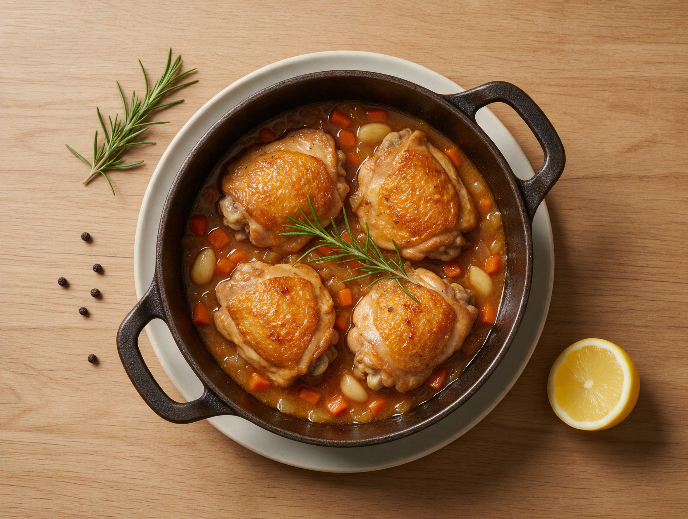 Overhead shot of pollo alla birra in a Dutch oven, golden chicken thighs in a glossy amber sauce with rosemary.