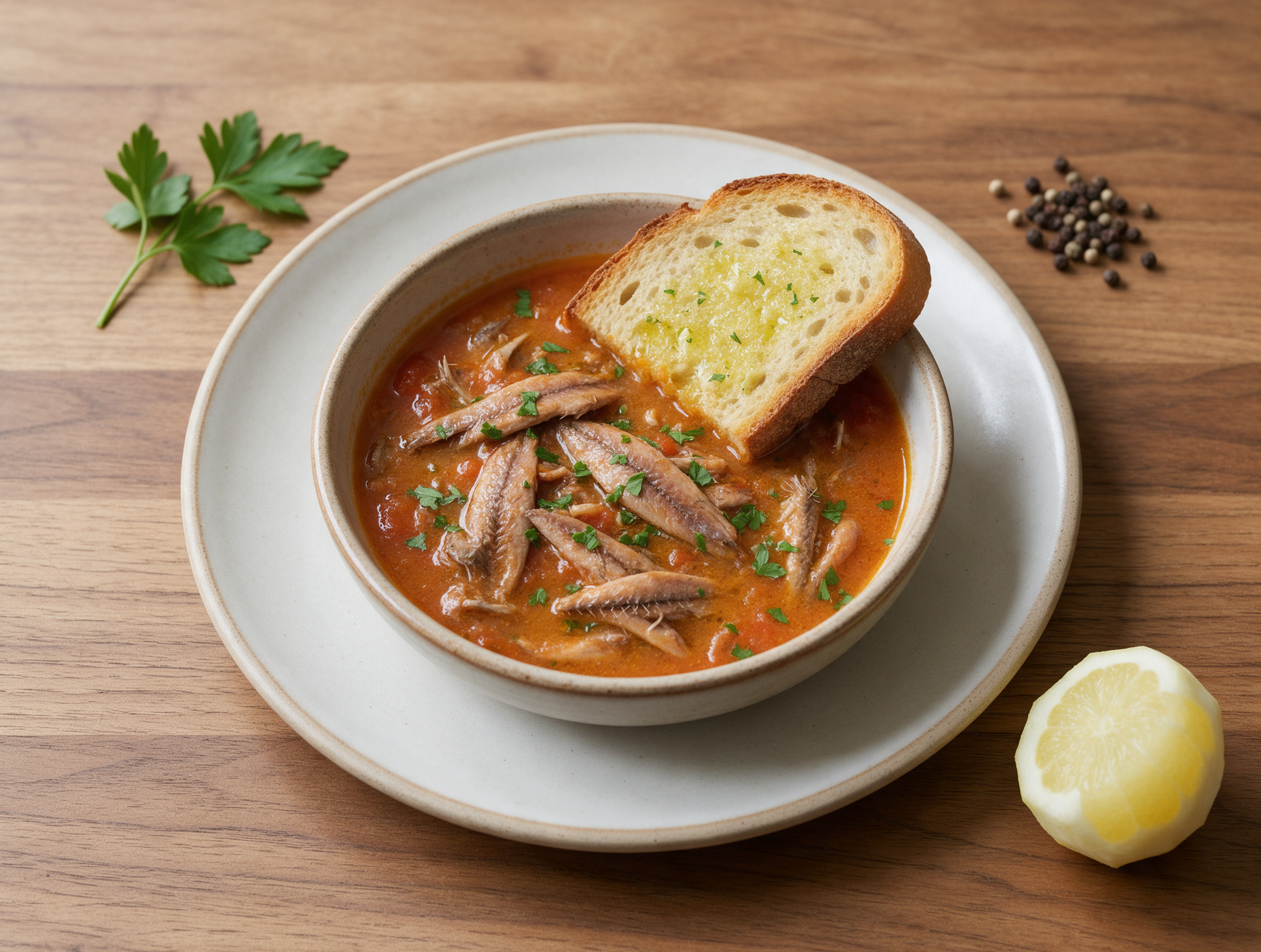 Bagnun di acciughe in a rustic bowl, tomato broth glistening with a slice of garlic toast tucked at the edge.