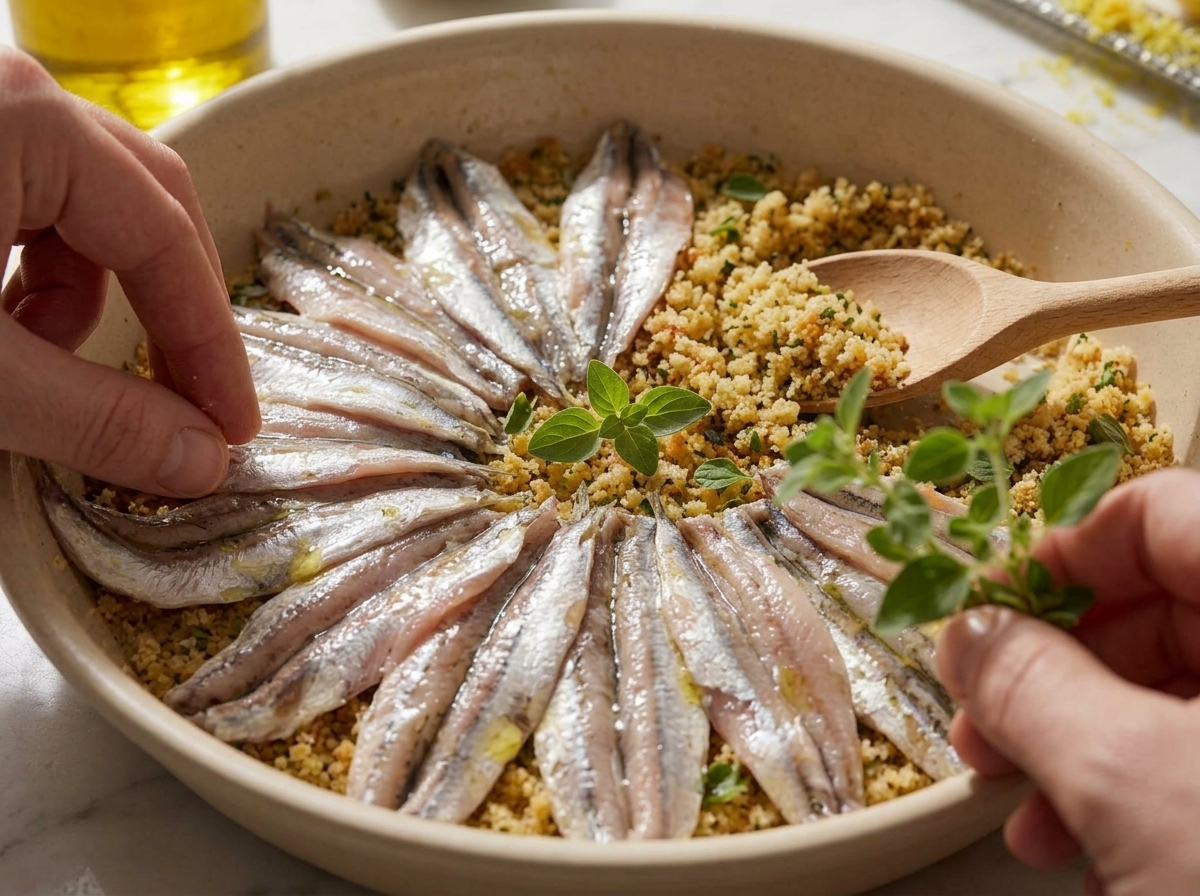 Hands arranging butterflied fresh anchovies over garlic breadcrumbs in a baking dish before the final crumb layer goes on