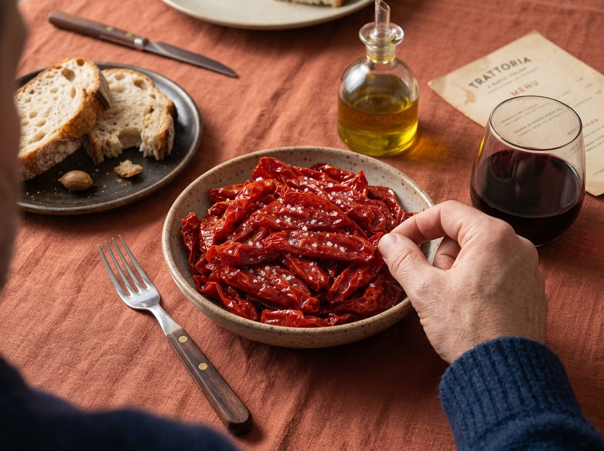 Hand reaching for a crispy pepper from a small plate beside a glass of wine on a linen-covered table