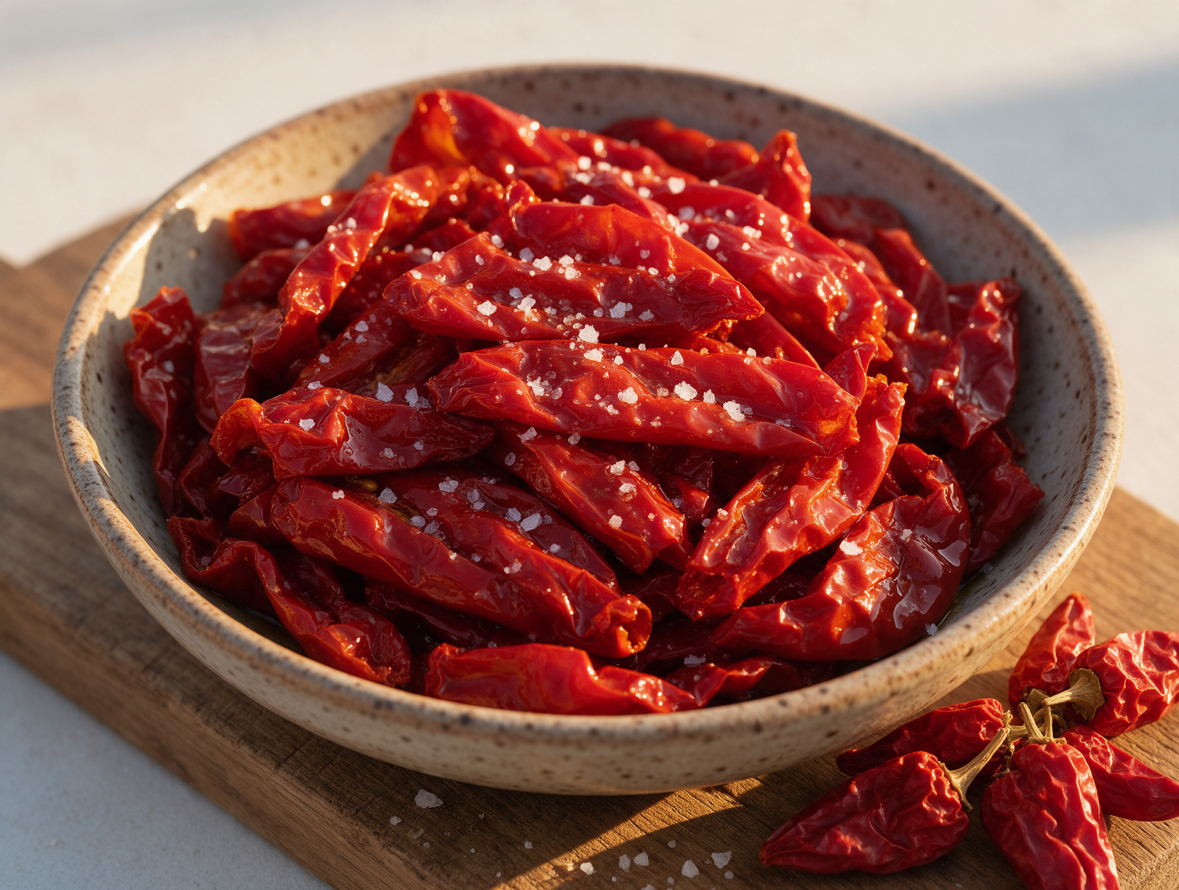 Bowl of glossy deep-red crispy fried peperoni cruschi with flaky salt on a rough wooden board under warm light