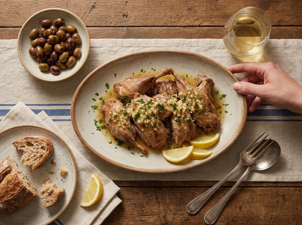 Table set with the rabbit platter, a glass of white wine, and torn country bread on a linen napkin