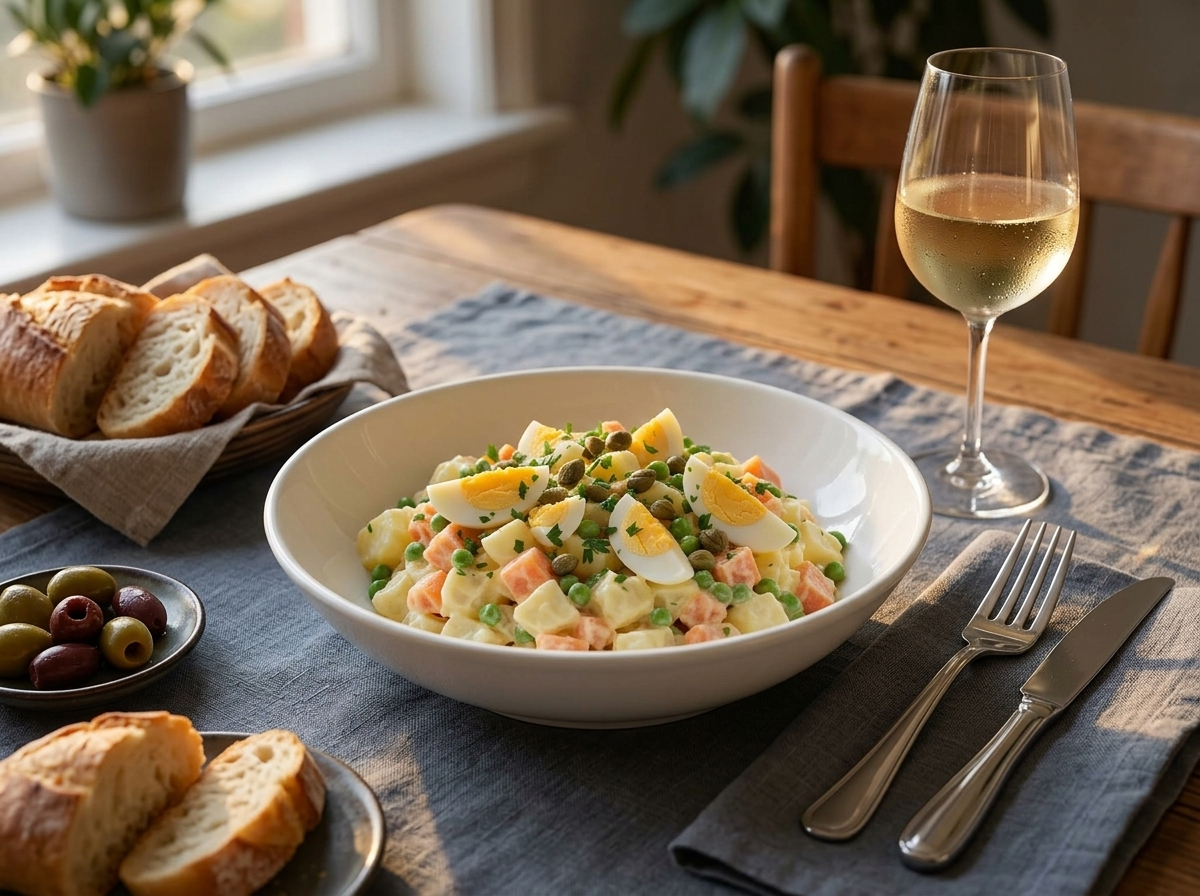 Insalata russa served in a rustic bowl on a linen-covered table with sliced baguette and a glass of white wine.