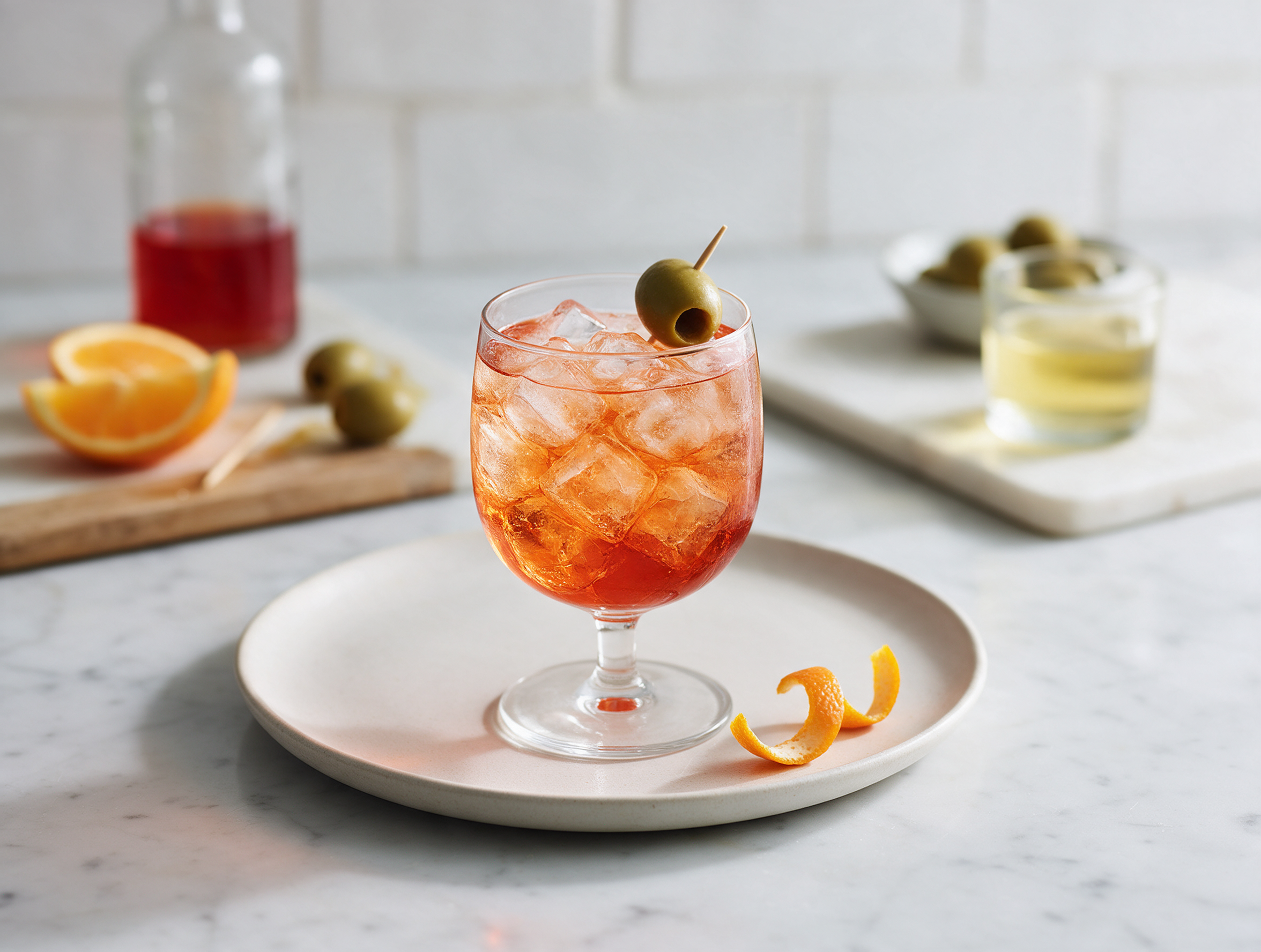 Pirlo bresciano in a short wine glass over ice with a green olive garnish, sitting on a pale marble counter