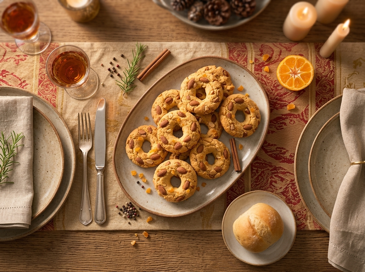 A platter of roccocò rings and a small glass of vin santo set on a linen-covered holiday table.