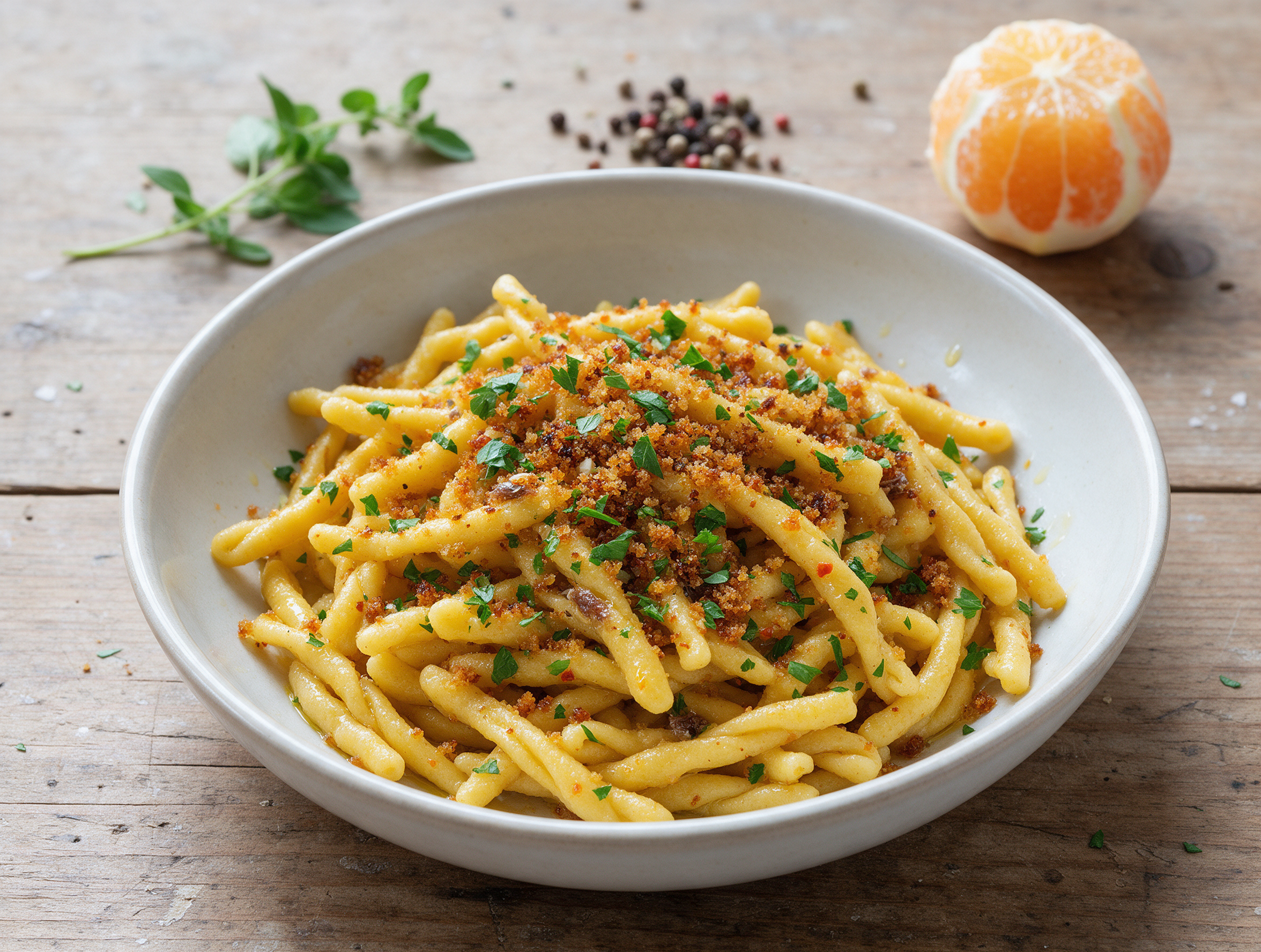 Overhead view of strascinati pasta tossed with golden toasted breadcrumbs, parsley, and chili flakes in a shallow bowl.