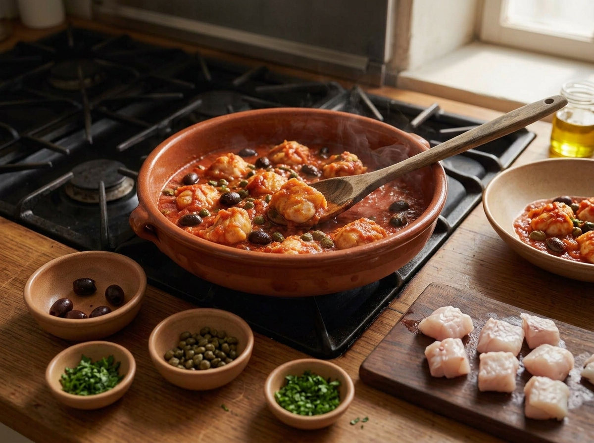 Wooden spoon lifting a piece of monkfish from simmering tomato sauce in a wide skillet to check for doneness