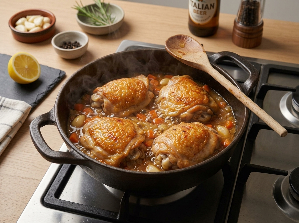Chicken thighs searing skin side down in a wide Dutch oven, oil sizzling around deep golden, crackling skin.