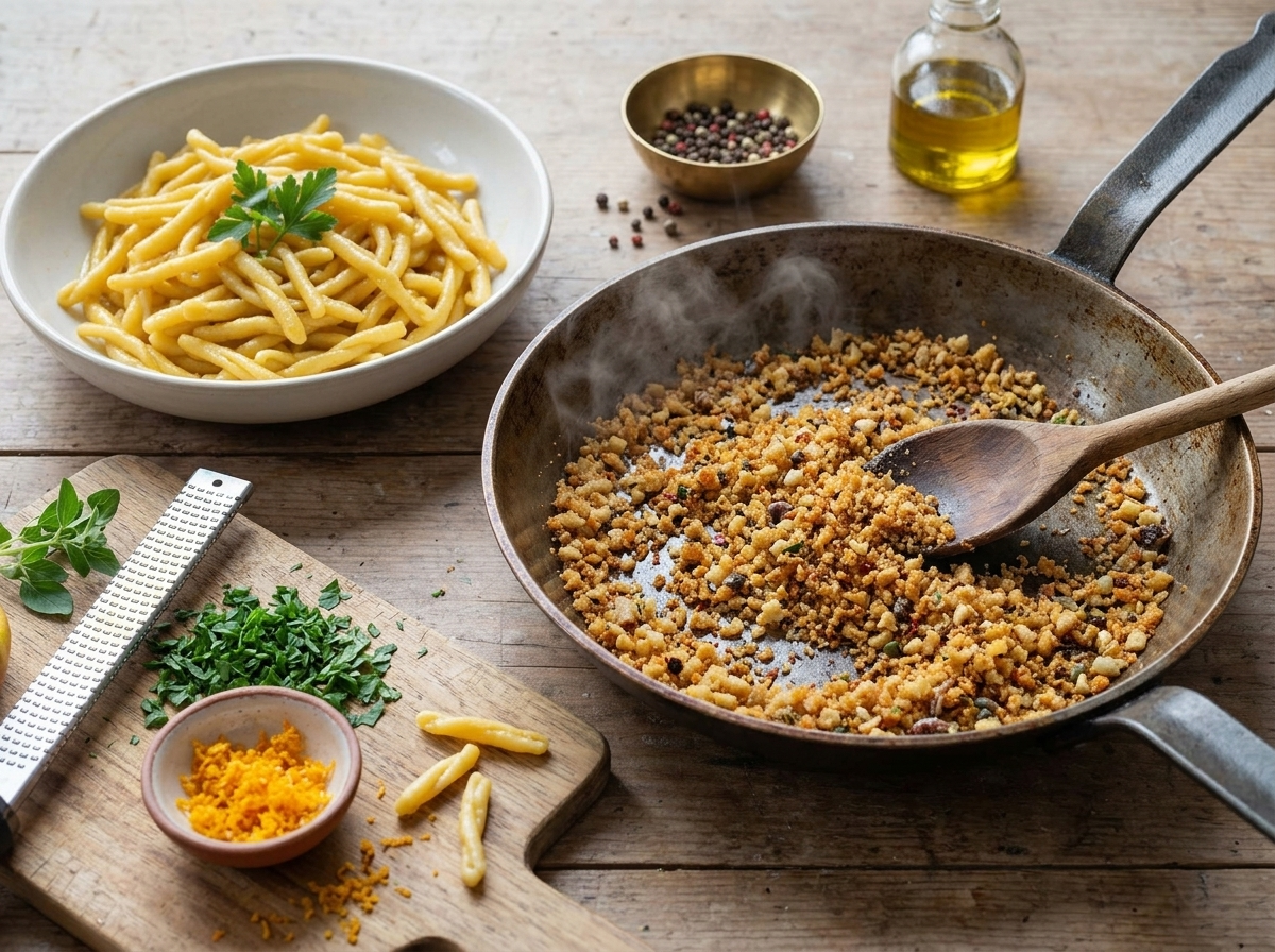 Golden breadcrumbs toasting in a skillet with olive oil, wooden spoon stirring them to an even crisp.