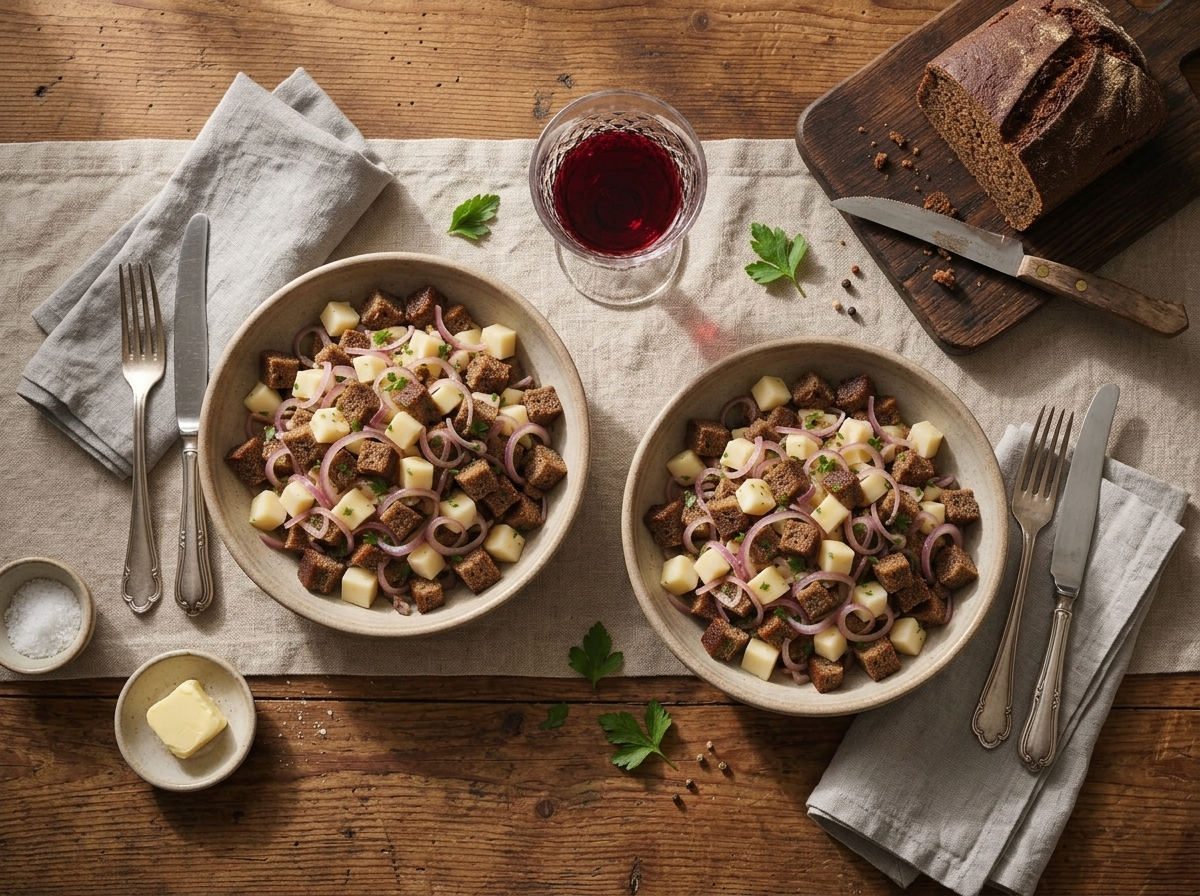 Two rustic bowls of Cunsc della Valmalenco set on a linen cloth beside a glass of red Valtellina wine.