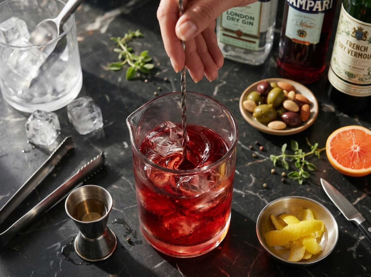 Bartender stirring gin, Campari, and dry vermouth in a mixing glass filled with large ice cubes, bar spoon mid-swirl.