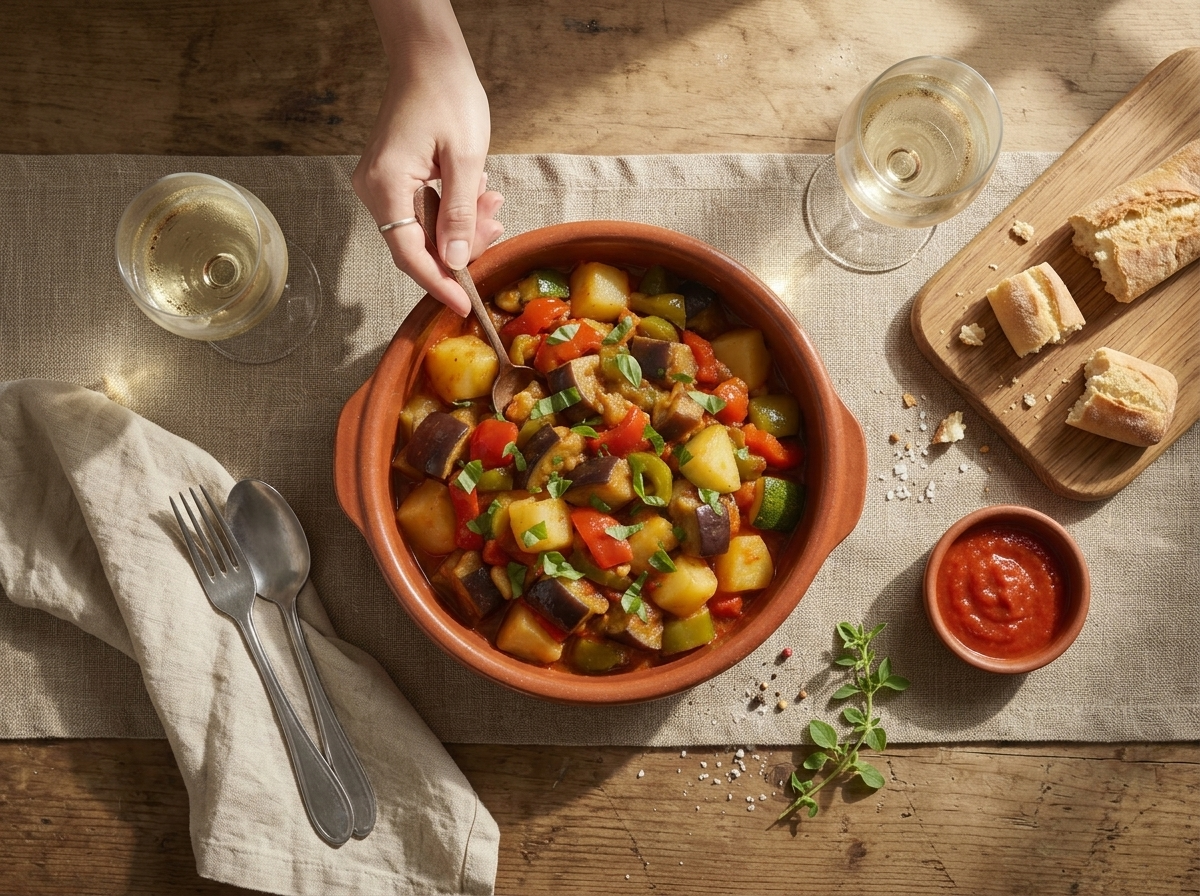 Table set with a bowl of vegetable stew, crusty bread, and a glass of white wine in soft afternoon light