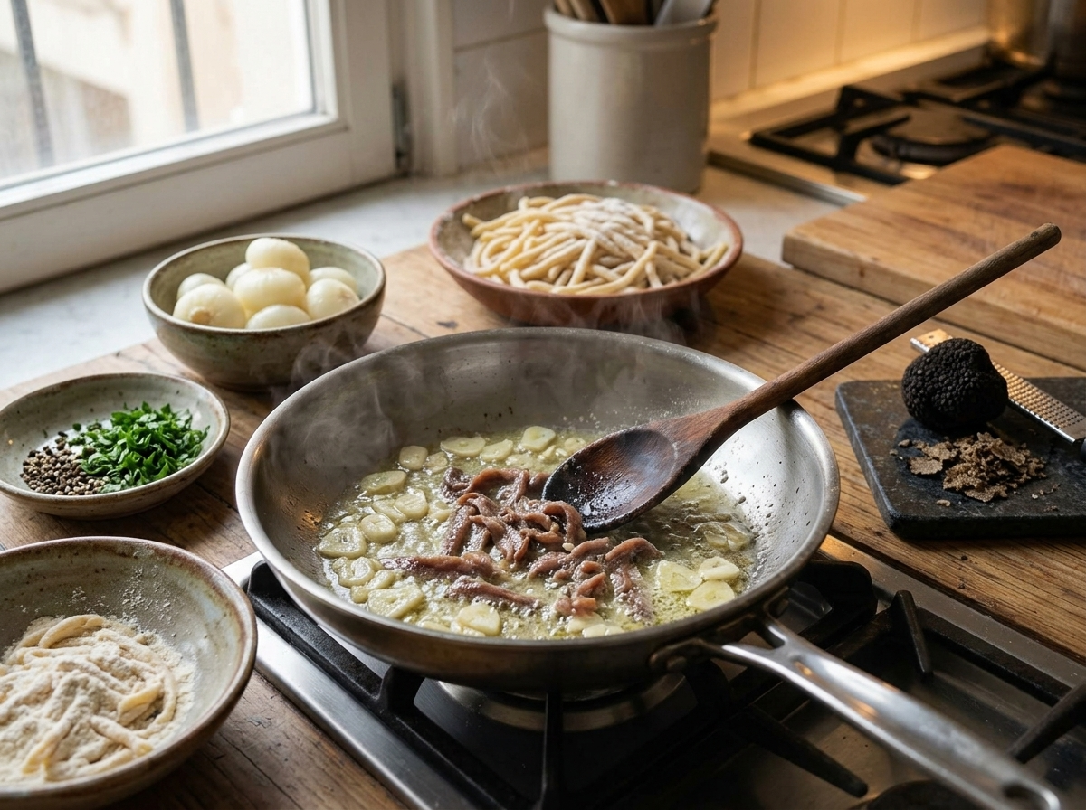 Garlic and chopped anchovy melting into butter in a stainless skillet, wooden spoon stirring as steam rises off the pan.