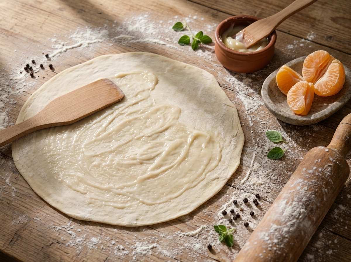 Hands spreading softened lard across a thin dough sheet before rolling it into a spiral on a floured counter.