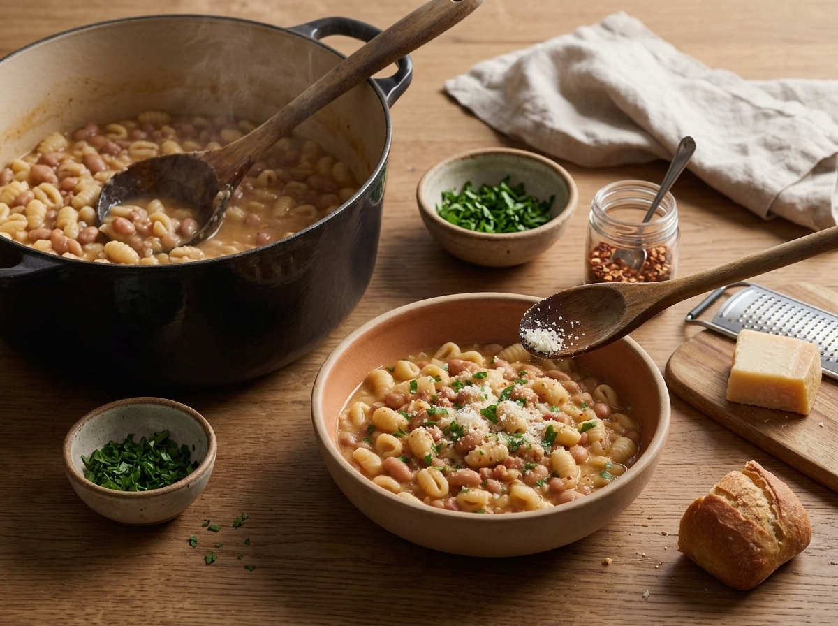 Wooden spoon stirring dried cavatelli into a simmering pot of pancetta, borlotti beans and broth