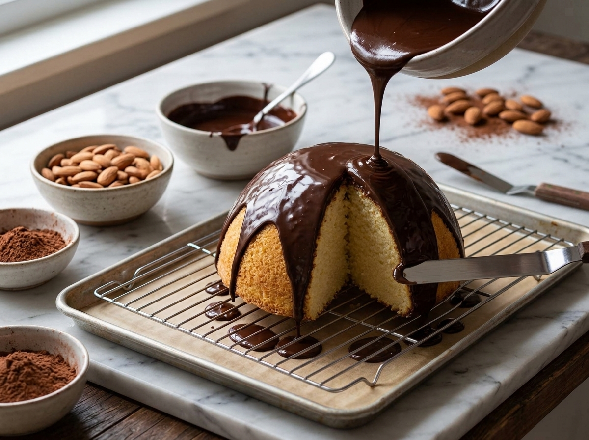 Melted dark chocolate being poured over a cooled almond dome cake set on a wire rack with a tray underneath.