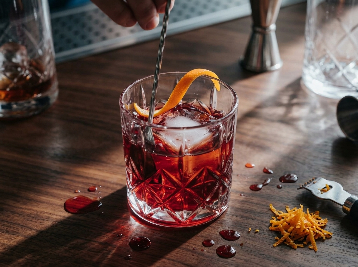 Bar spoon stirring Campari and sweet vermouth together in a rocks glass, garnet liquid swirling around ice cubes.