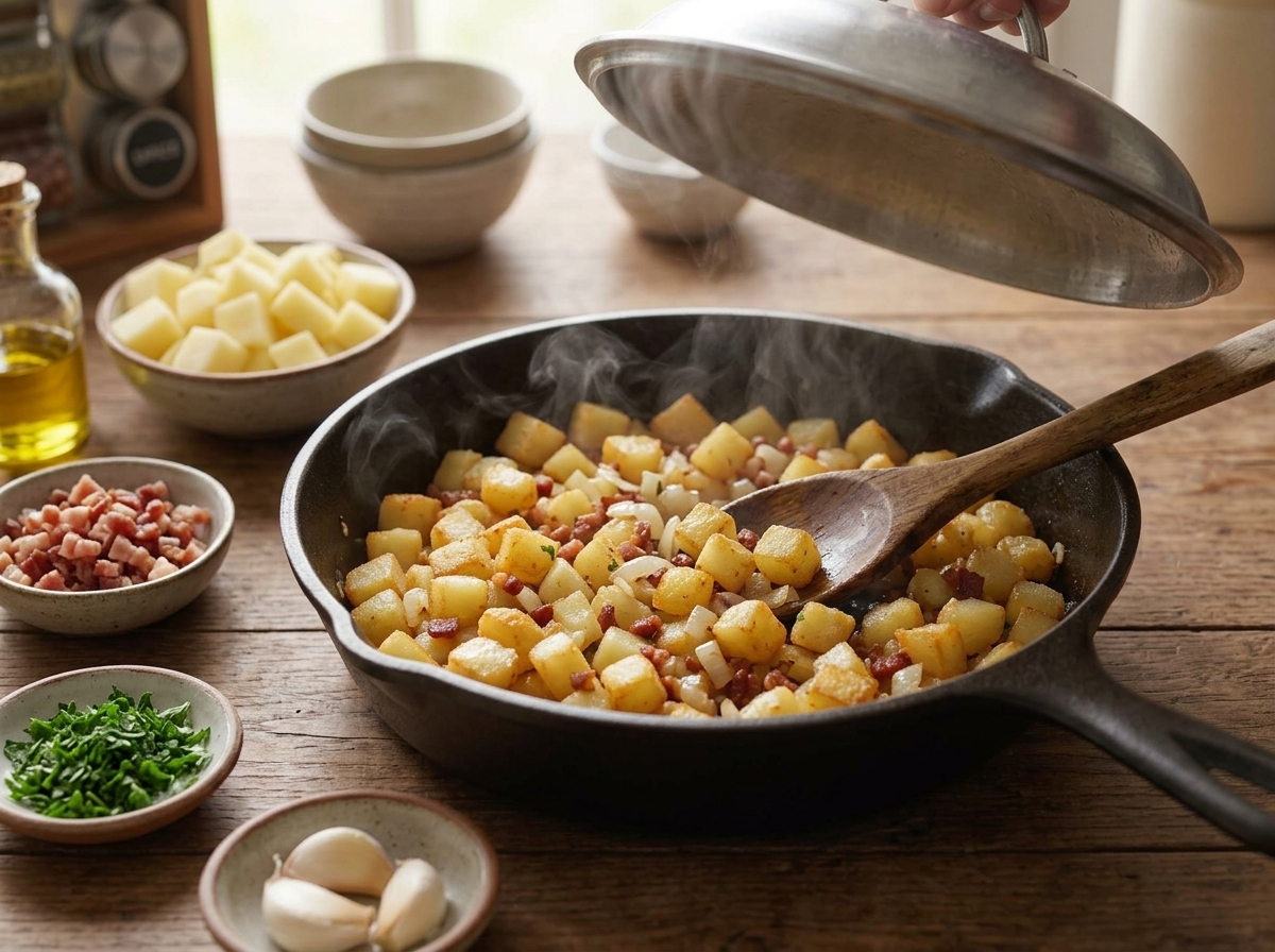 Diced raw potatoes and pancetta sizzling in an open skillet, onions turning translucent in hot olive oil.